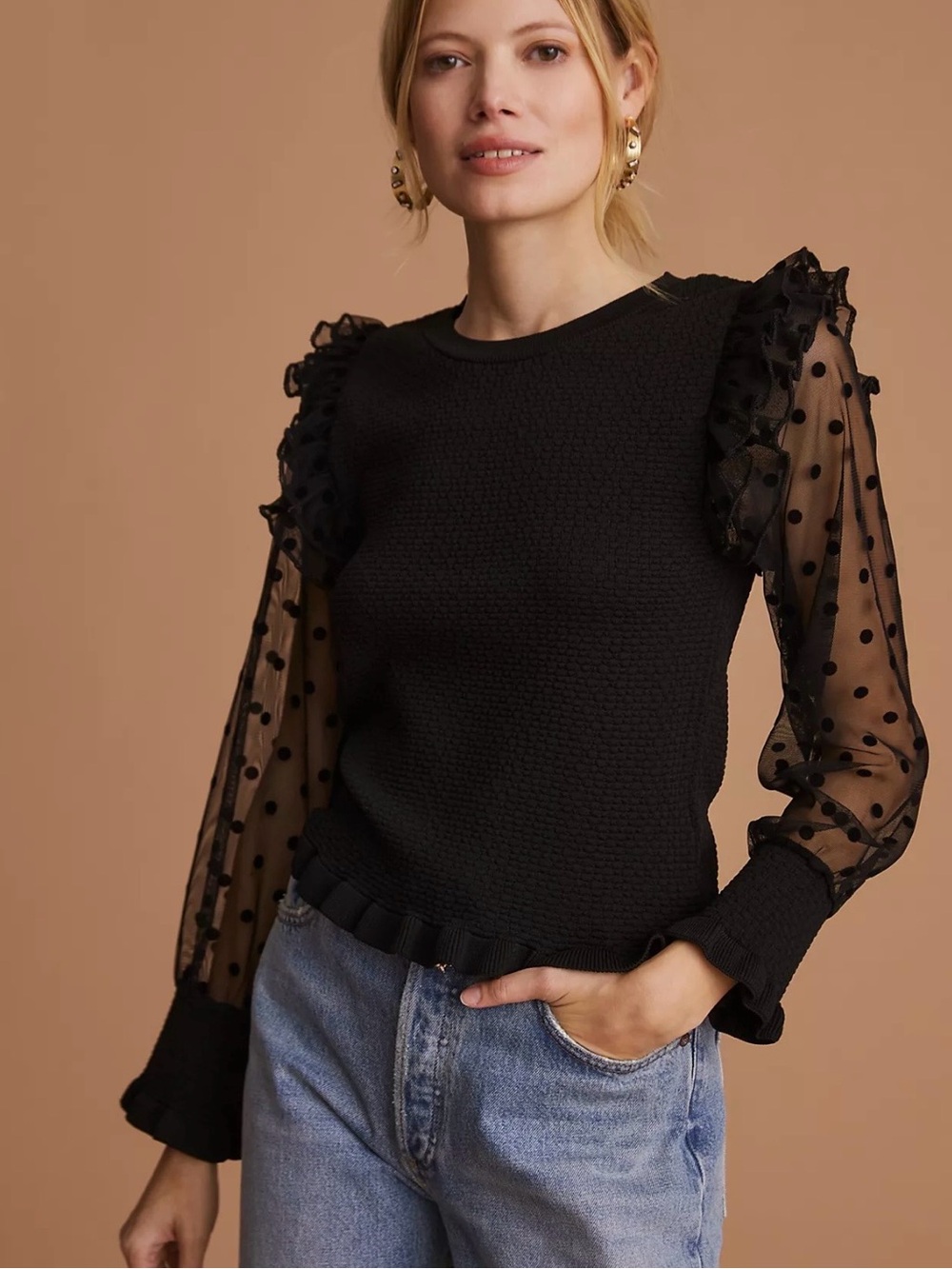 Anthropologie Black Polka Dot Mesh Ruffle Sleeve Top